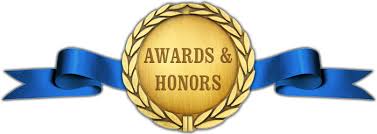 Graphic art of gold medal engraved with “AWARDS & HONORS” with blue ribbon streaming from both sides.