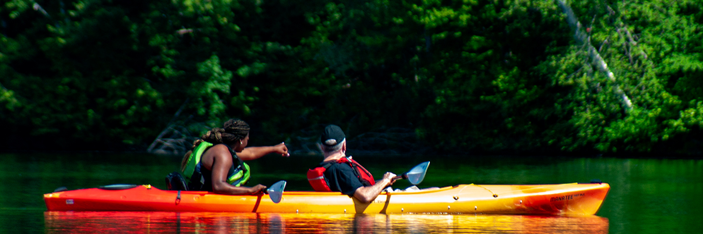 Two individauls sit in a tandem kayak on water together. One person is pointing to the trees.